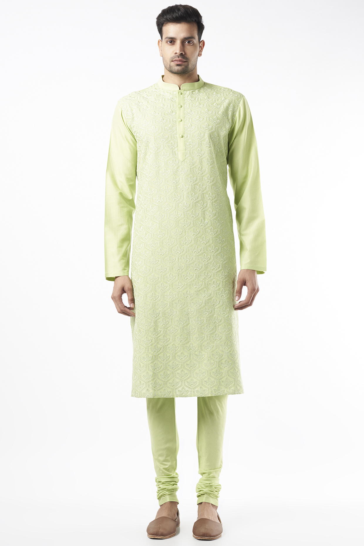 Lime Embroidered Kurta Set by Abhishek Gupta Men