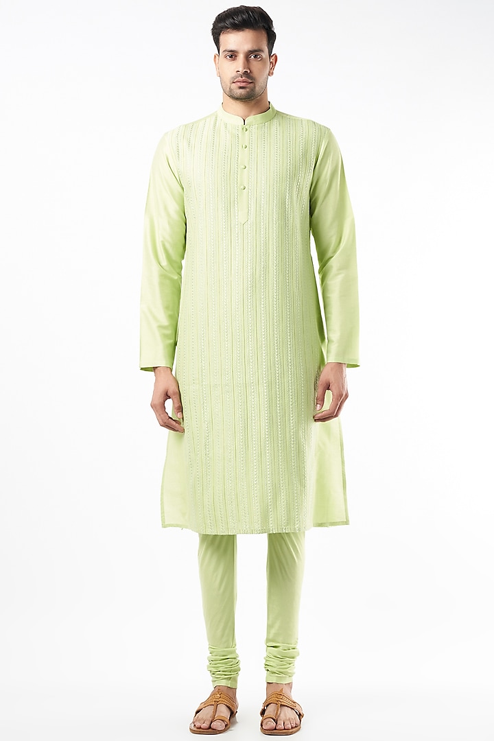 Lime Resham Embroidered Kurta Set by Abhishek Gupta Men at Pernia's Pop Up Shop