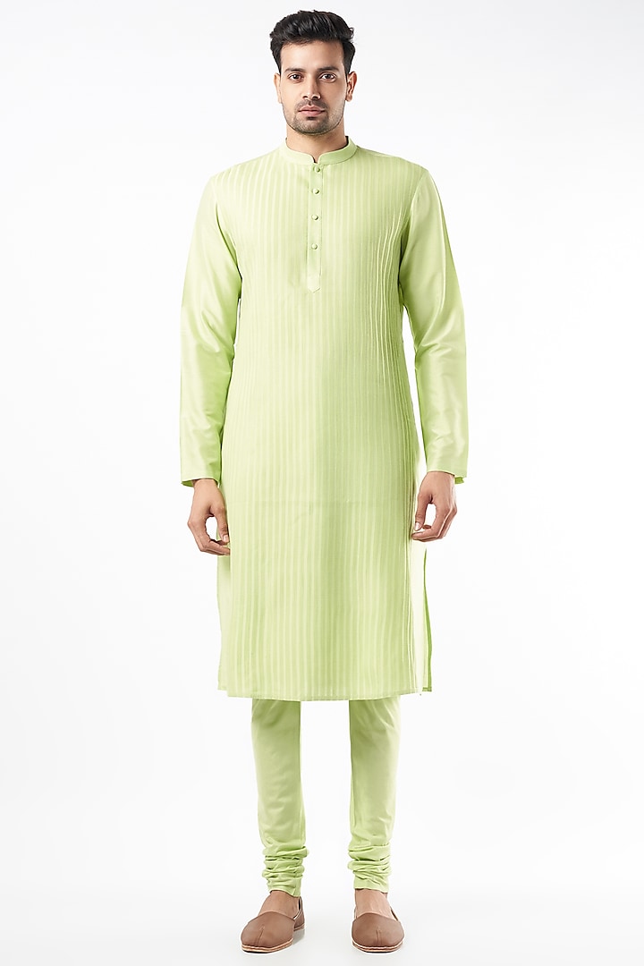 Lime Kurta Set In Cotton Silk by Abhishek Gupta Men