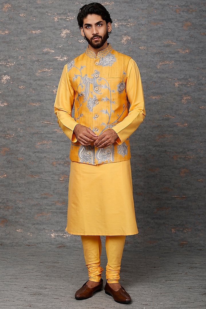 Mustard Hand-Painted Bundi Jacket With Kurta Set by Abhishek Gupta Men