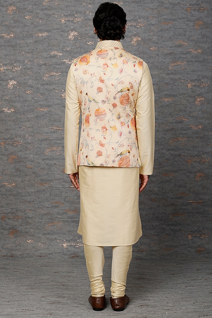 Beige Silk Hand-Painted Bundi Jacket Set by Abhishek Gupta Men at Pernia's Pop Up Shop