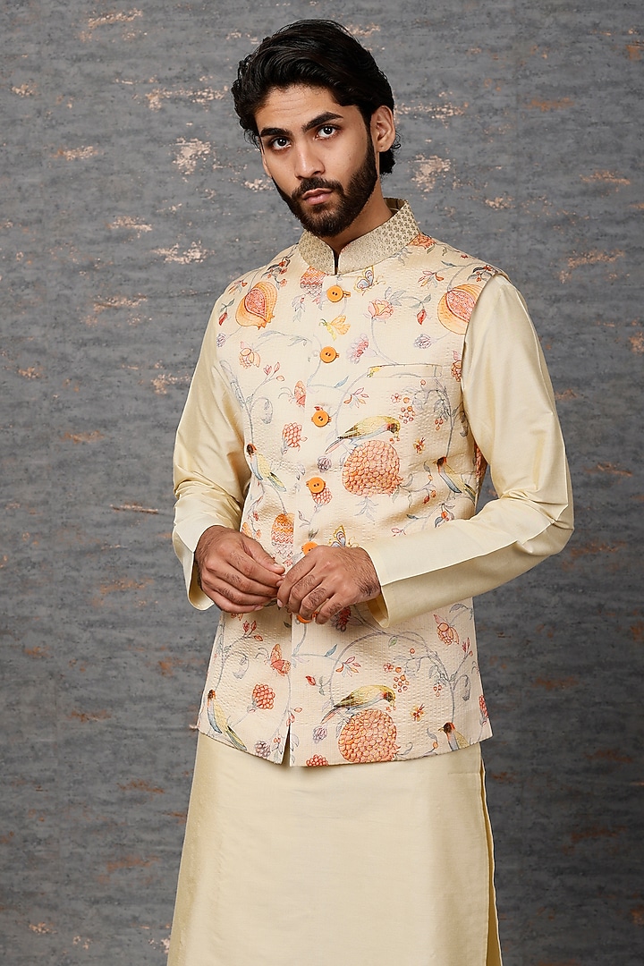 Beige Silk Hand-Painted Bundi Jacket Set by Abhishek Gupta Men at Pernia's Pop Up Shop