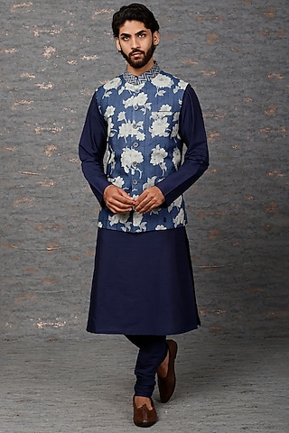 Cobalt Blue Hand-Painted Bundi Jacket With Kurta Set by Abhishek Gupta Men