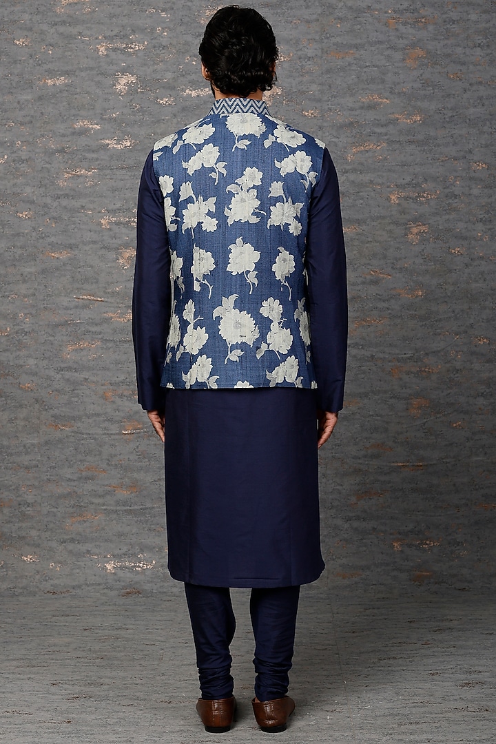Cobalt Blue Hand-Painted Bundi Jacket With Kurta Set by Abhishek Gupta Men at Pernia's Pop Up Shop