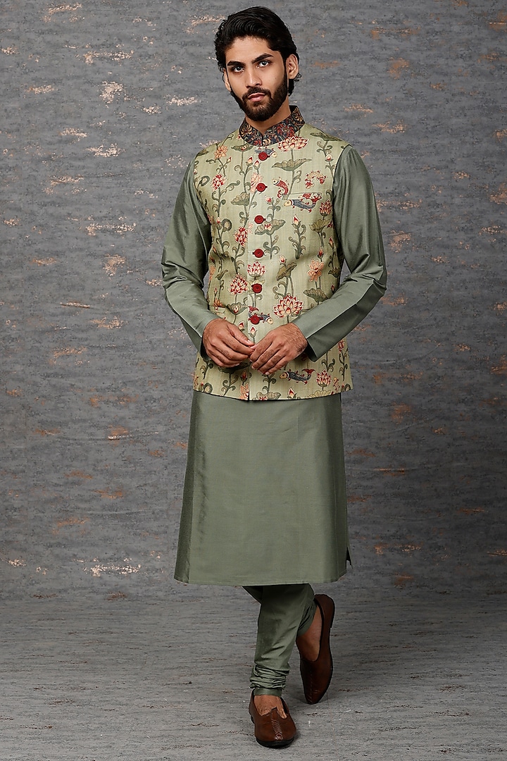 Olive Green Hand-Painted Bundi Jacket With Kurta Set by Abhishek Gupta Men
