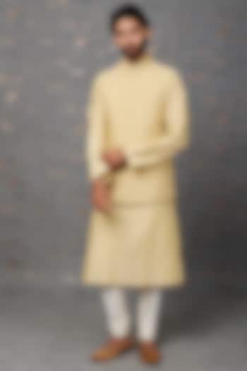 Beige Chanderi Silk Bundi Jacket With Kurta Set by Abhishek Gupta Men
