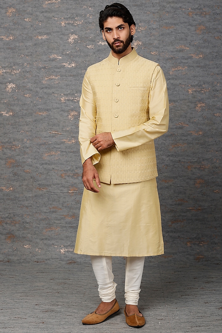 Beige Chanderi Silk Bundi Jacket With Kurta Set by Abhishek Gupta Men