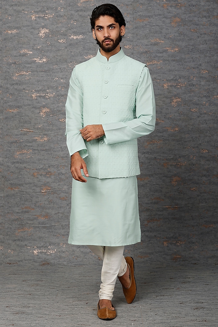 Light Mint Chanderi Silk Bundi Jacket With Kurta Set by Abhishek Gupta Men