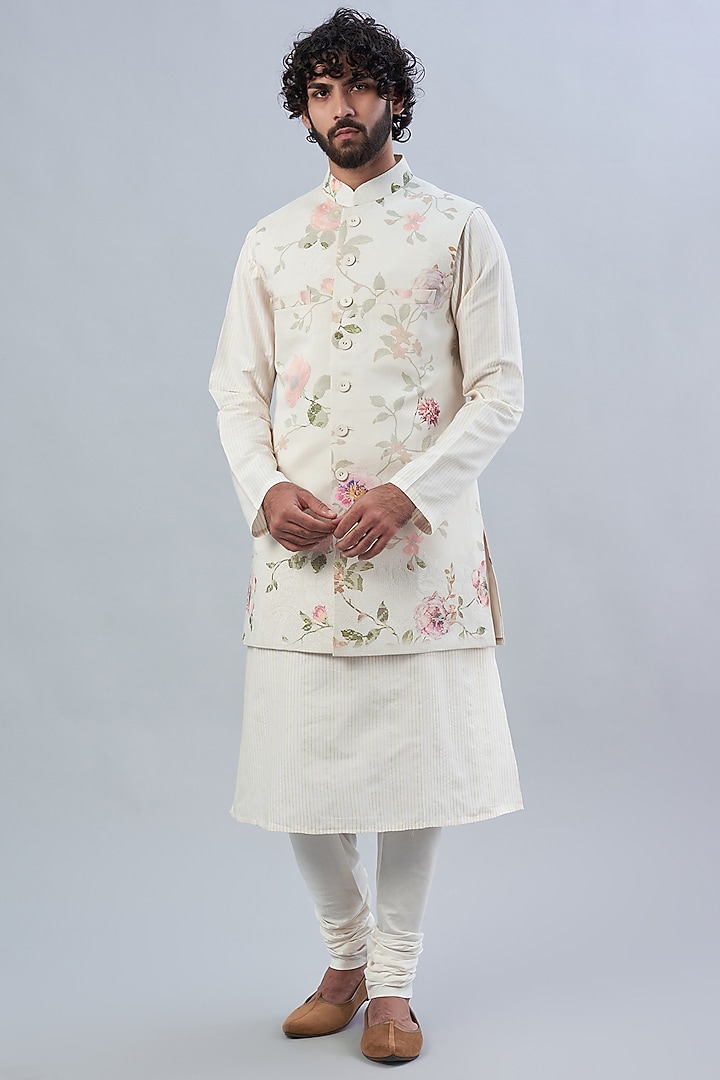Cream Silk Woven Hand-Painted Bundi Jacket Set by Abhishek Gupta Men at Pernia's Pop Up Shop