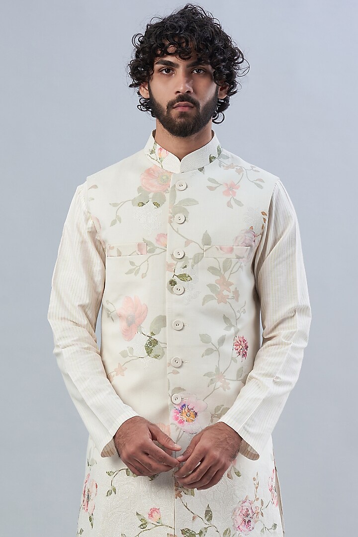 Cream Silk Woven Hand-Painted Bundi Jacket Set by Abhishek Gupta Men at Pernia's Pop Up Shop
