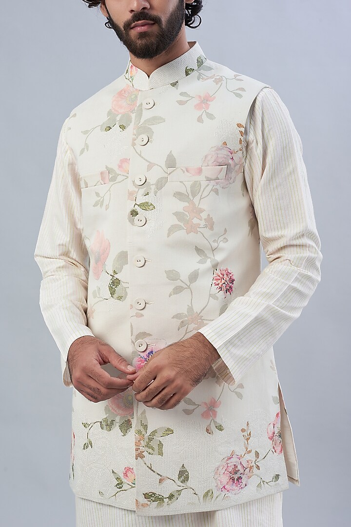 Cream Silk Woven Hand-Painted Bundi Jacket Set by Abhishek Gupta Men at Pernia's Pop Up Shop