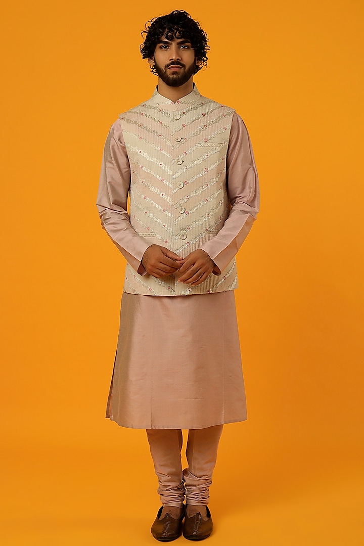 Ivory & Pink Embroidered Bundi Jacket With Kurta Set by Abhishek Gupta Men