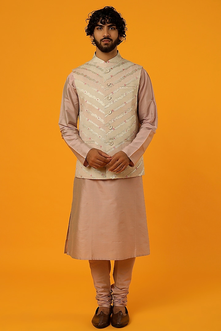 Ivory & Pink Silk Embroidered Nehru Jacket Set by Abhishek Gupta Men at Pernia's Pop Up Shop