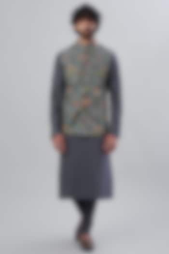 Grey Silk Printed Woven Bundi Jacket Set by Abhishek Gupta Men at Pernia's Pop Up Shop