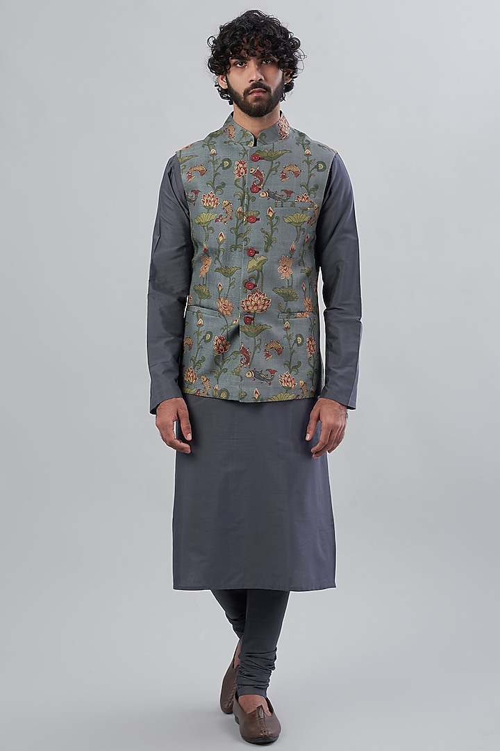 Grey Silk Kurta Set With Bundi Jacket Design by Abhishek Gupta Men at ...