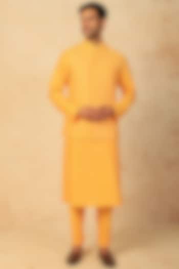 Mango Yellow Cotton Silk Kurta Set With Bundi Jacket by Abhishek Gupta Men