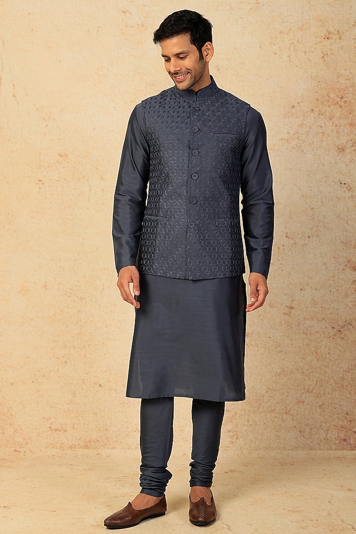 Charcoal Cotton Silk Kurta Set With Bundi Jacket by Abhishek Gupta Men