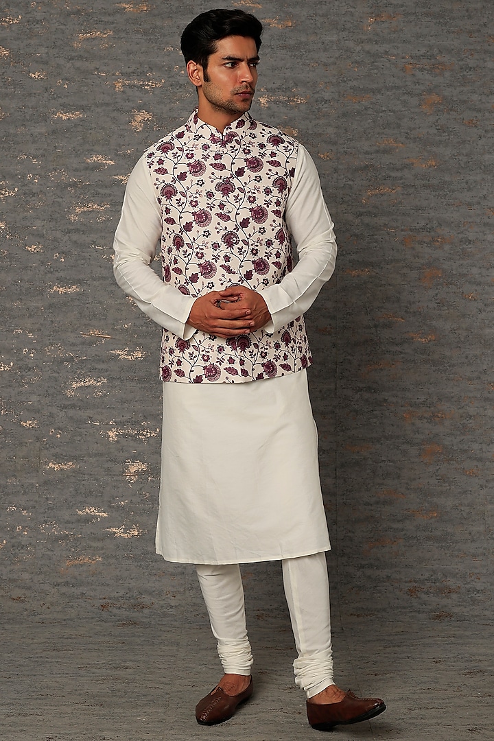 Cream & Wine Hand-Painted Bundi Jacket With Kurta Set by Abhishek Gupta Men