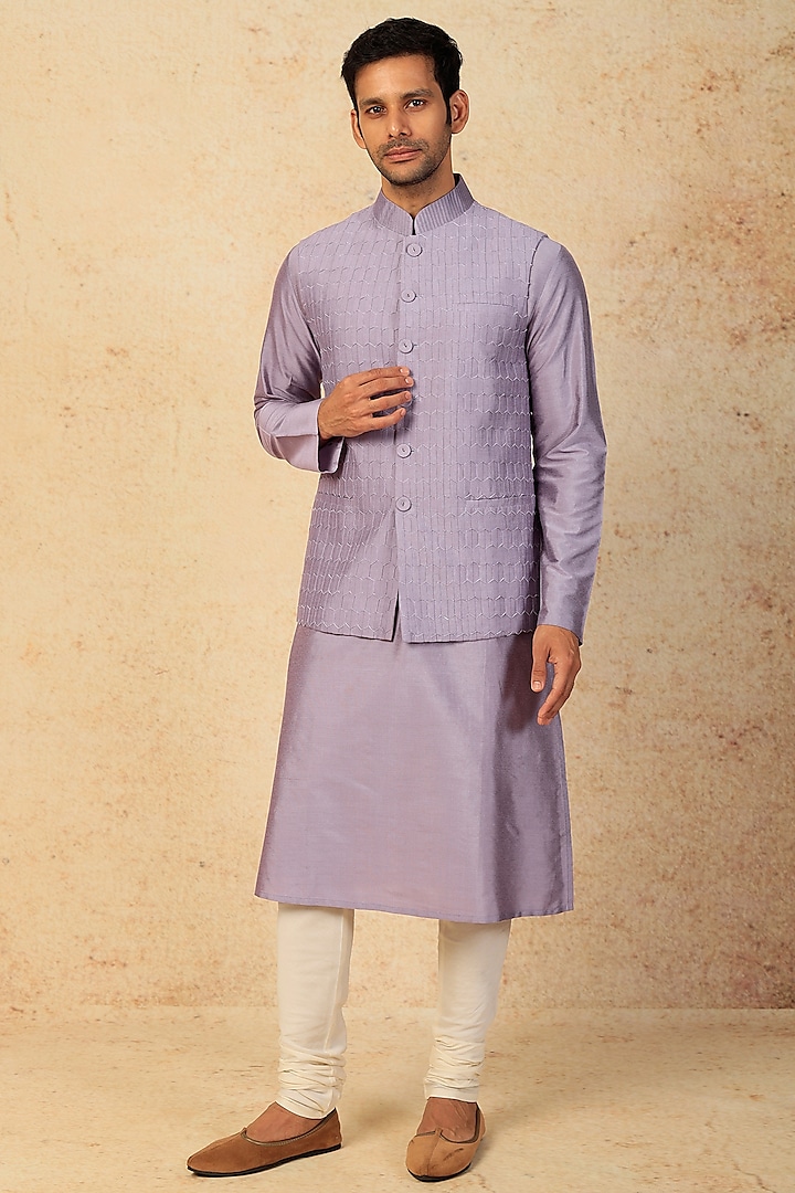 Light Purple Cotton Silk Kurta Set With Bundi Jacket by Abhishek Gupta Men