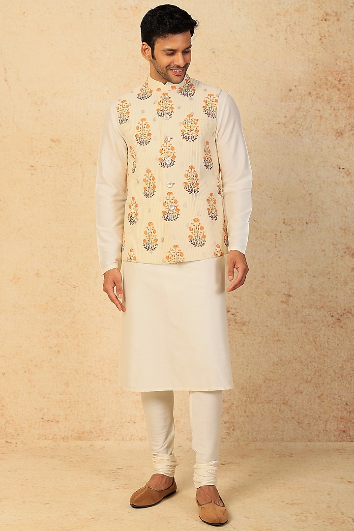 Cream & Orange Silk Bundi Jacket With Kurta Set by Abhishek Gupta Men