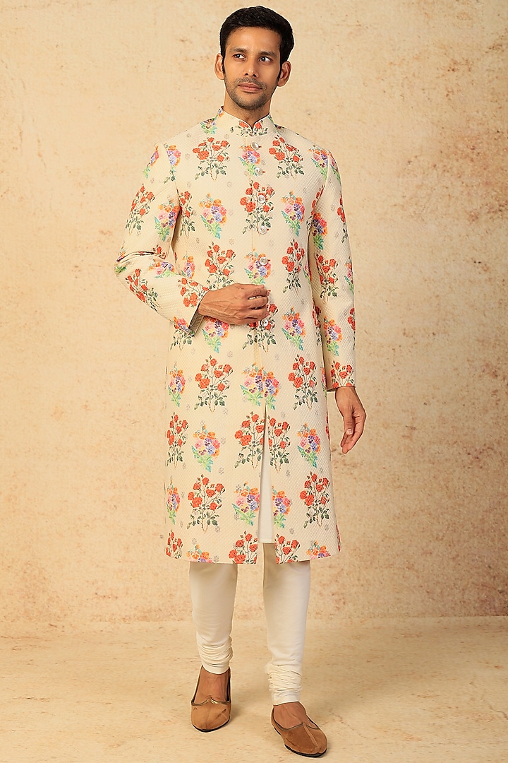 Cream & Orange Printed Sherwani Set by Abhishek Gupta Men