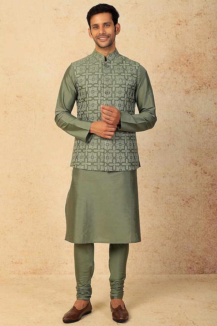 Olive Green Cotton Silk Kurta Set With Bundi Jacket by Abhishek Gupta Men
