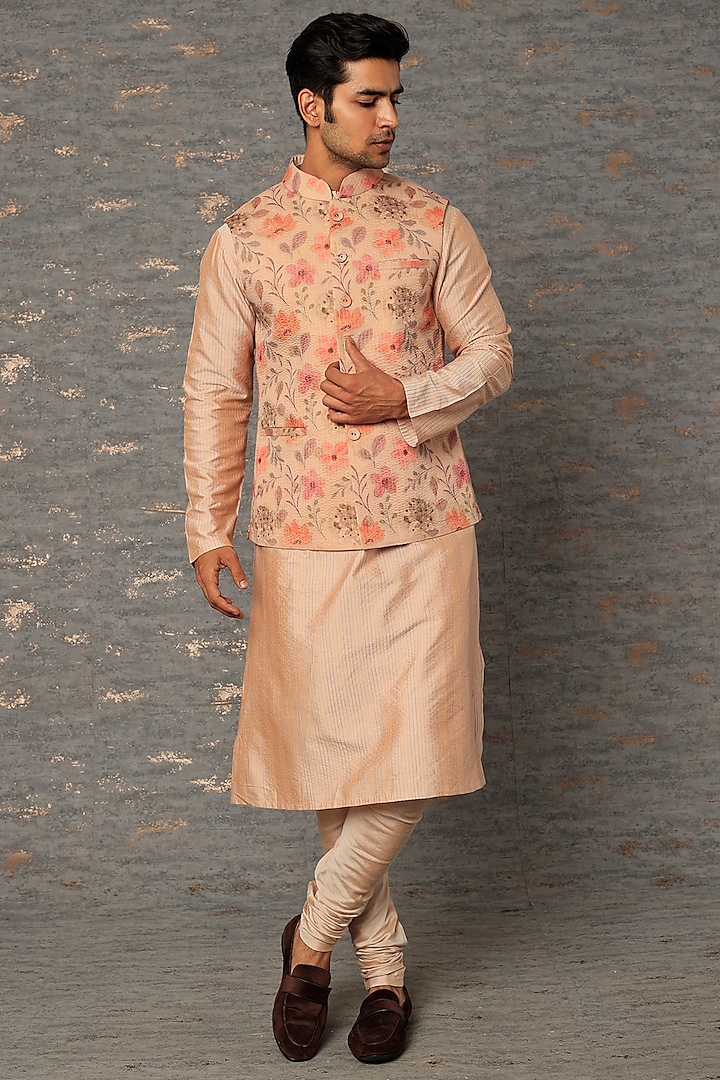 Peach Hand-Painted Bundi Jacket With Kurta Set by Abhishek Gupta Men
