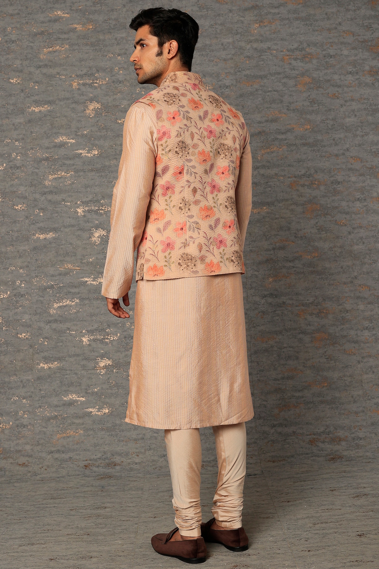 Peach Hand-Painted Bundi Jacket With Kurta Set by Abhishek Gupta Men