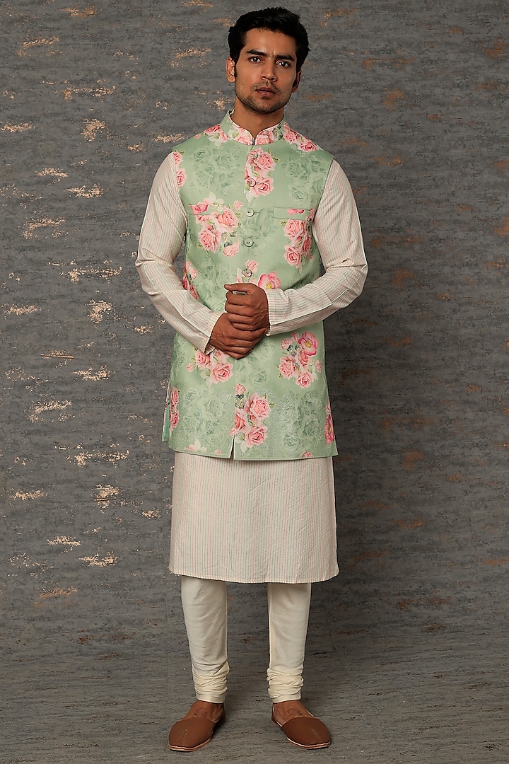 Mint Hand-Painted Bundi Jacket With Kurta Set by Abhishek Gupta Men