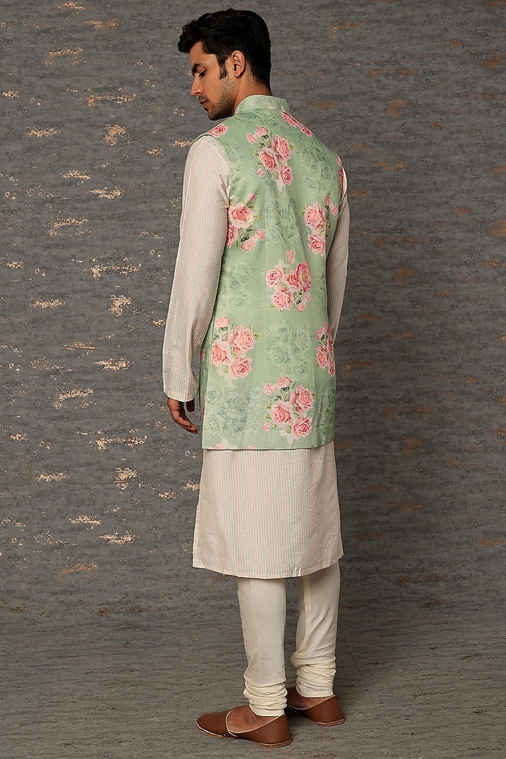 Mint Hand-Painted Bundi Jacket With Kurta Set by Abhishek Gupta Men at Pernia's Pop Up Shop