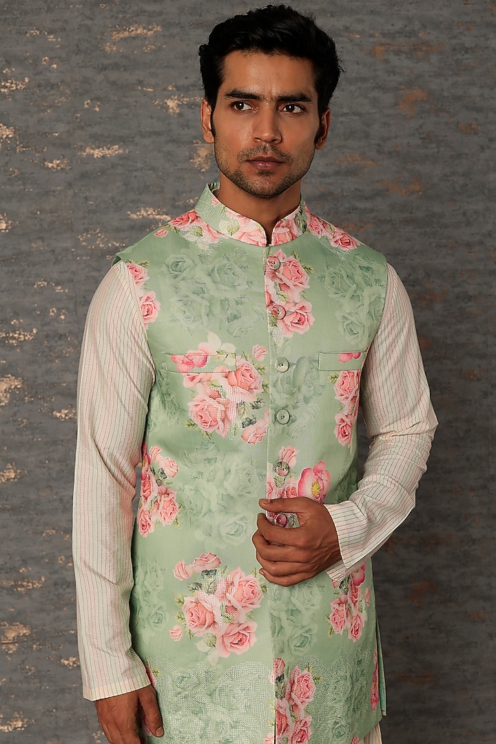 Mint Hand-Painted Bundi Jacket With Kurta Set by Abhishek Gupta Men at Pernia's Pop Up Shop