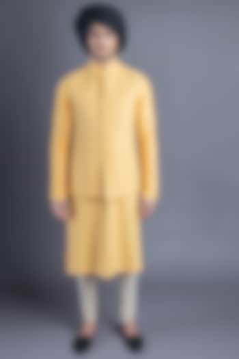 Yellow Cotton Silk Kurta Set With Waistcoat by Abhishek Gupta Men at Pernia's Pop Up Shop