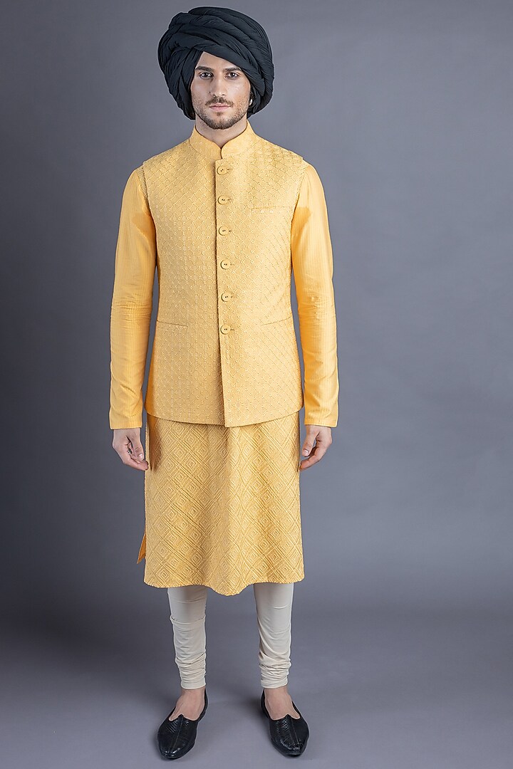 Yellow Cotton Silk Kurta Set With Waistcoat by Abhishek Gupta Men