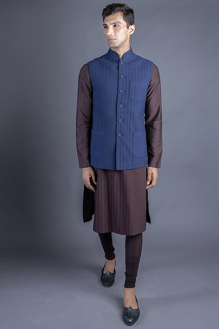 Brown Cotton Silk Kurta Set With Waistcoat by Abhishek Gupta Men
