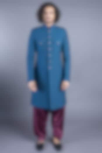 Prussian Blue Quilted Jacket Sherwani Set by Abhishek Gupta Men