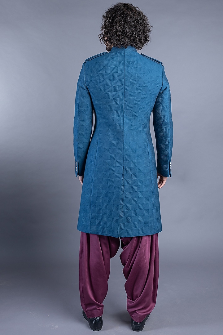 Prussian Blue Quilted Jacket Groom Sherwani Set by Abhishek Gupta Men at Pernia's Pop Up Shop