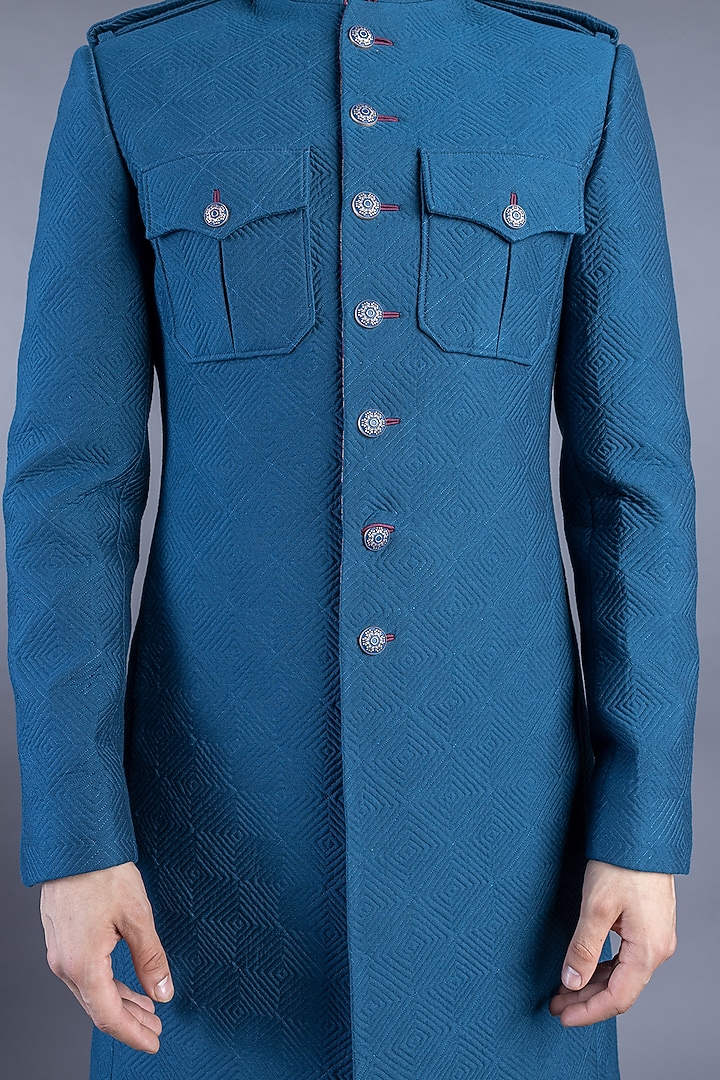 Prussian Blue Quilted Jacket Groom Sherwani Set by Abhishek Gupta Men at Pernia's Pop Up Shop