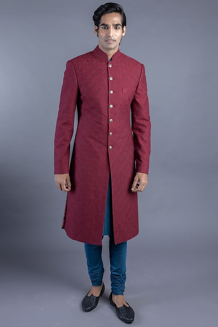 Maroon Thread Embroidered Groom Sherwani Set by Abhishek Gupta Men at Pernia's Pop Up Shop