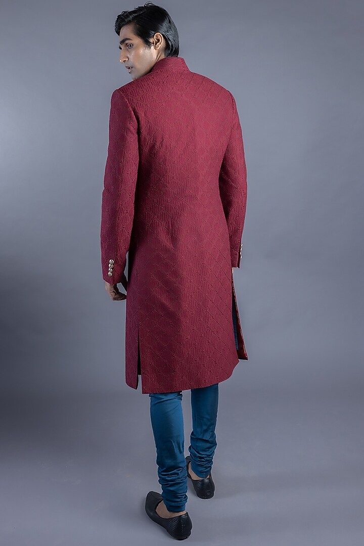 Maroon Thread Embroidered Groom Sherwani Set by Abhishek Gupta Men at Pernia's Pop Up Shop
