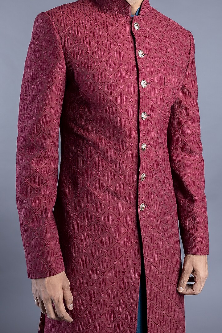 Maroon Thread Embroidered Groom Sherwani Set by Abhishek Gupta Men at Pernia's Pop Up Shop