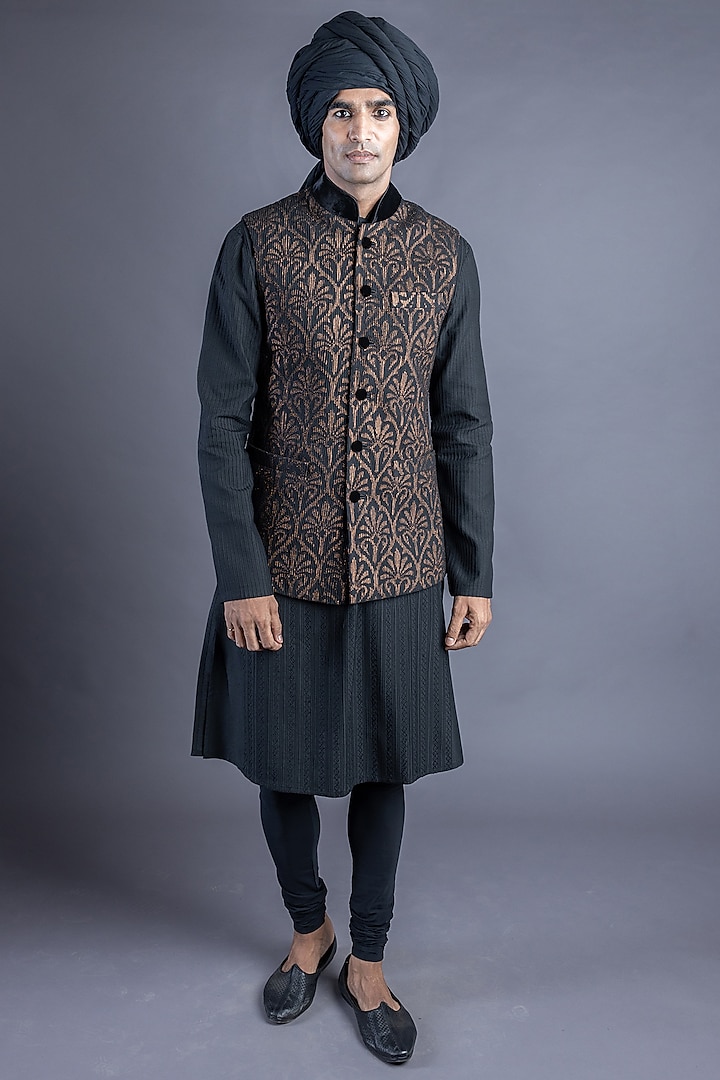 Black Cotton Silk Bundi Jacket Set by Abhishek Gupta Men