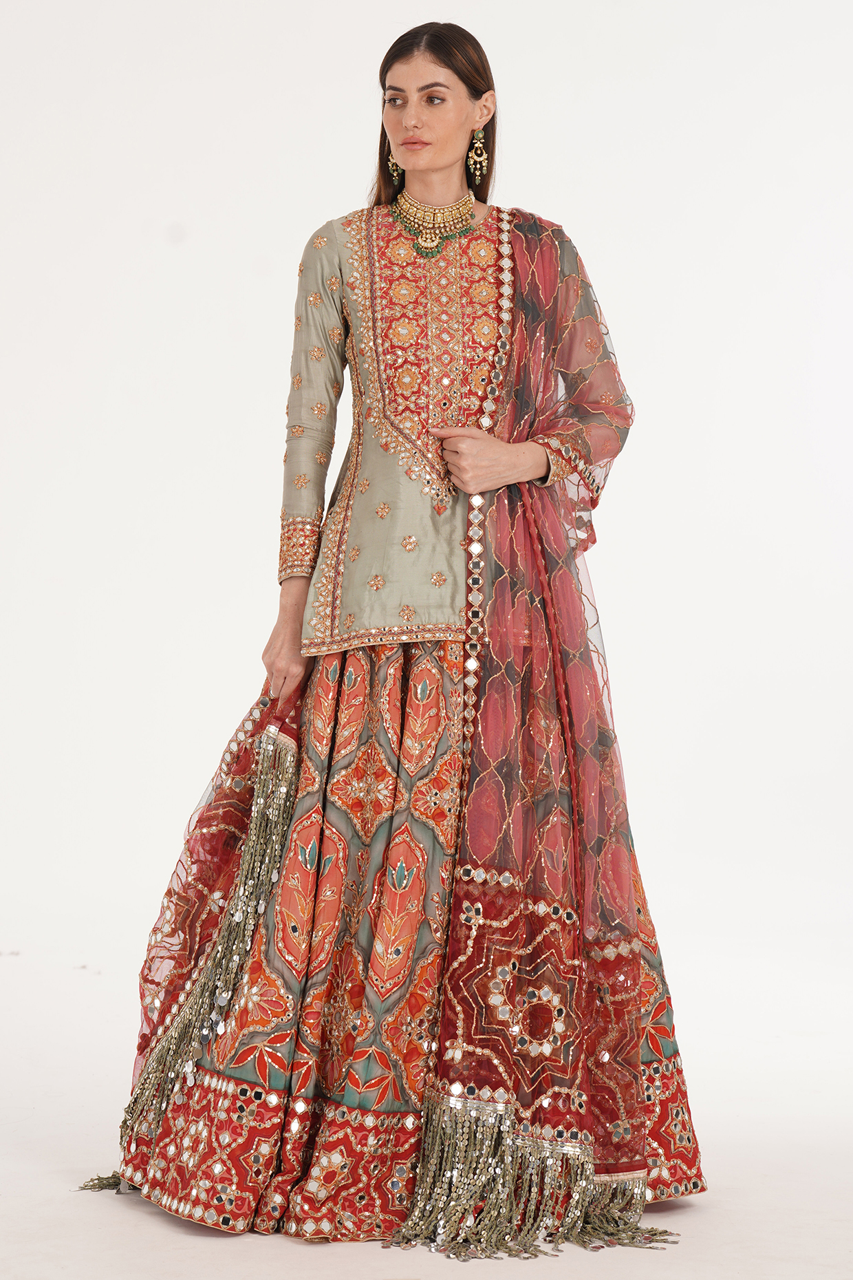 Ruby & Forest Green Chanderi Mirror Embroidered Bridal Lehenga Set by Abhinav Mishra at Pernia's Pop Up Shop