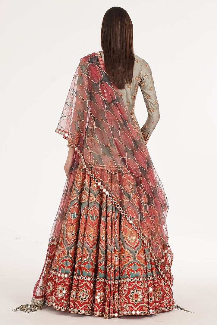Ruby & Forest Green Chanderi Mirror Embroidered Bridal Lehenga Set by Abhinav Mishra at Pernia's Pop Up Shop