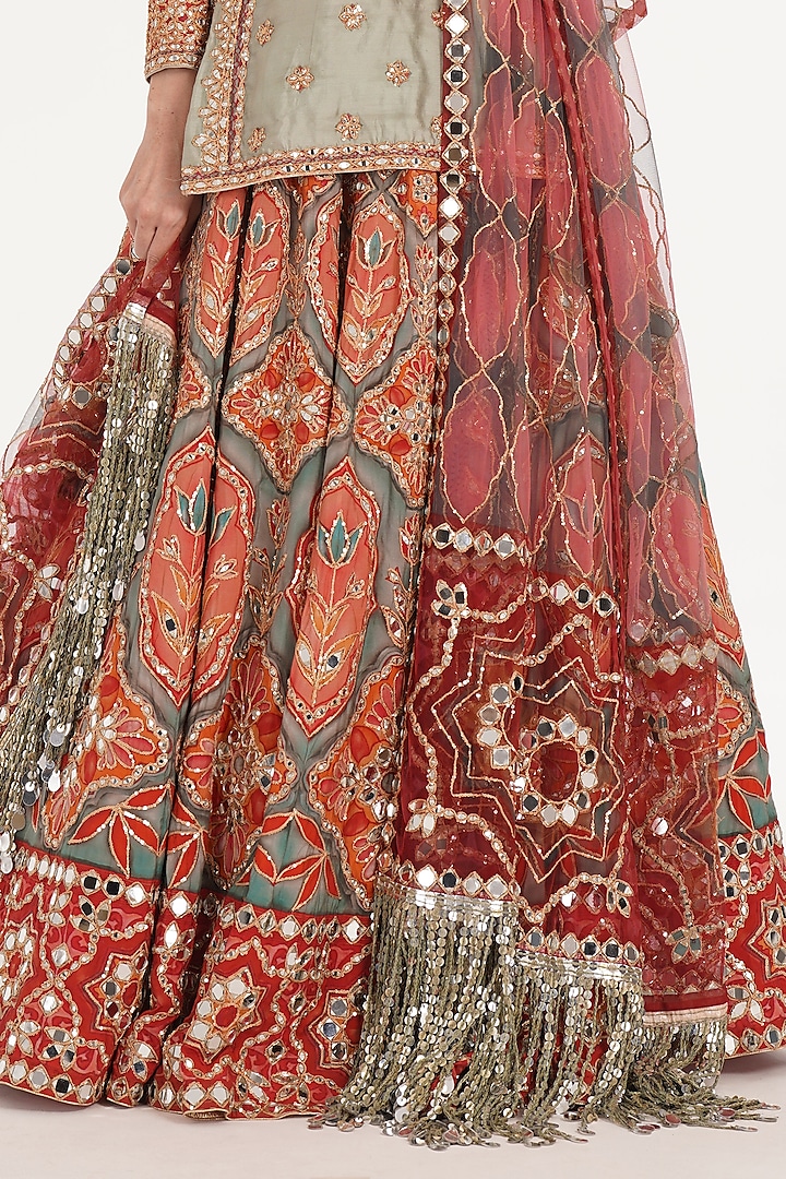Ruby & Forest Green Chanderi Mirror Embroidered Bridal Lehenga Set by Abhinav Mishra at Pernia's Pop Up Shop