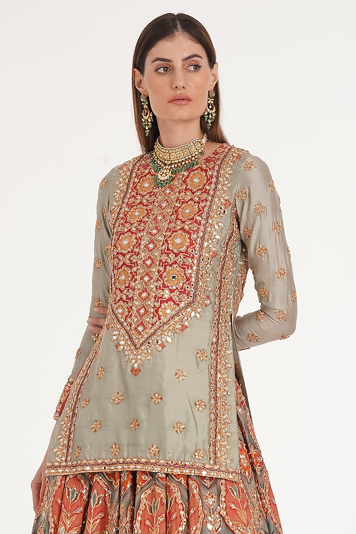 Ruby & Forest Green Chanderi Mirror Embroidered Bridal Lehenga Set by Abhinav Mishra at Pernia's Pop Up Shop