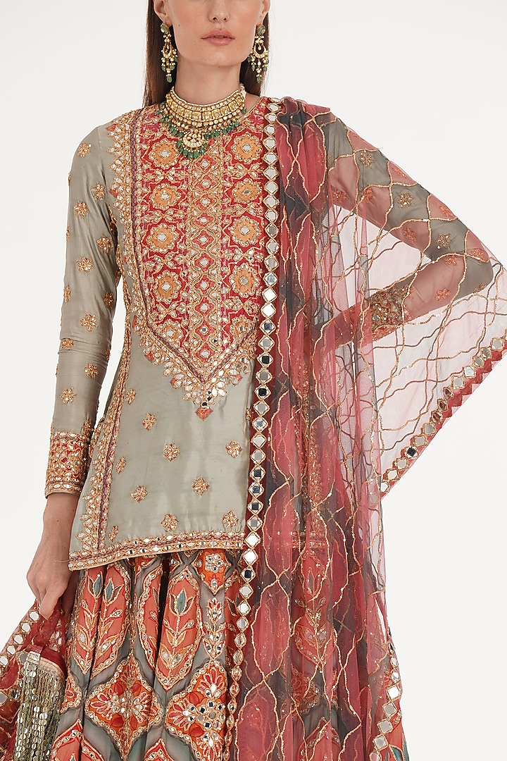 Ruby & Forest Green Chanderi Mirror Embroidered Bridal Lehenga Set by Abhinav Mishra at Pernia's Pop Up Shop