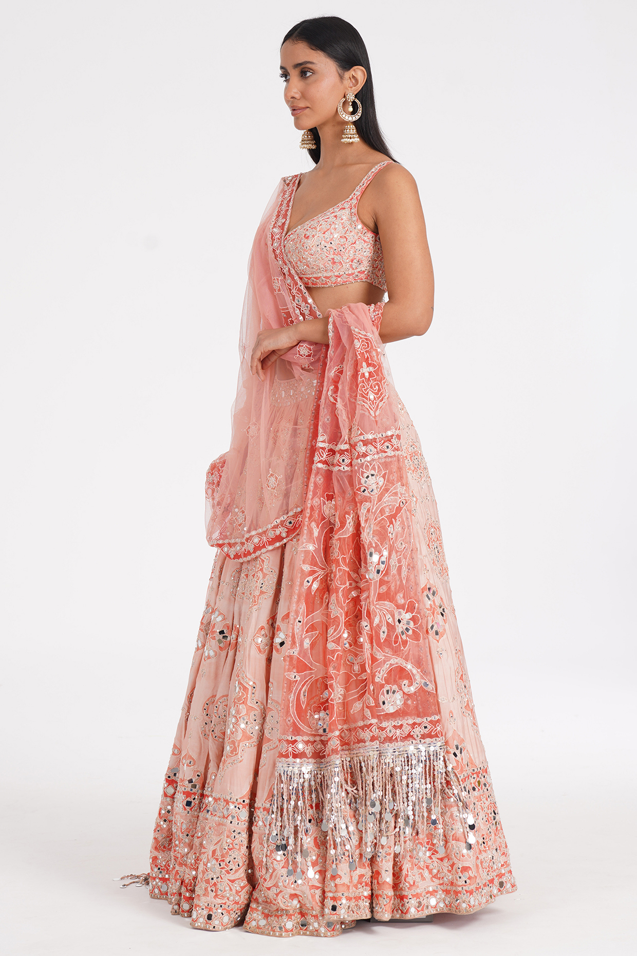 Peach Quartz Chanderi Mirror & Zari Embroidered Bridal Lehenga Set by Abhinav Mishra at Pernia's Pop Up Shop