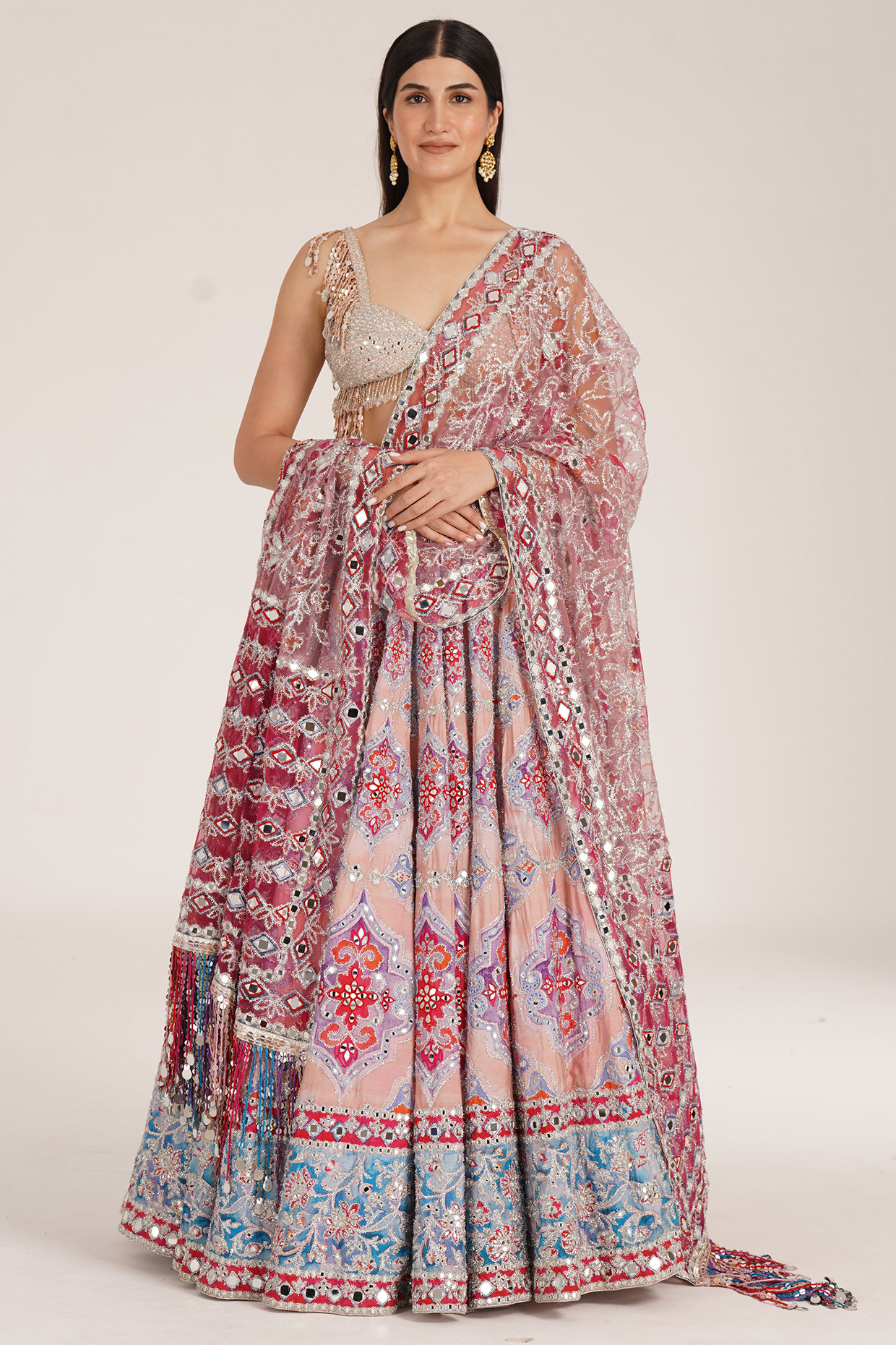 Multi-Colored Chanderi Mirror & Zari Embroidered Bridal Lehenga Set by Abhinav Mishra at Pernia's Pop Up Shop