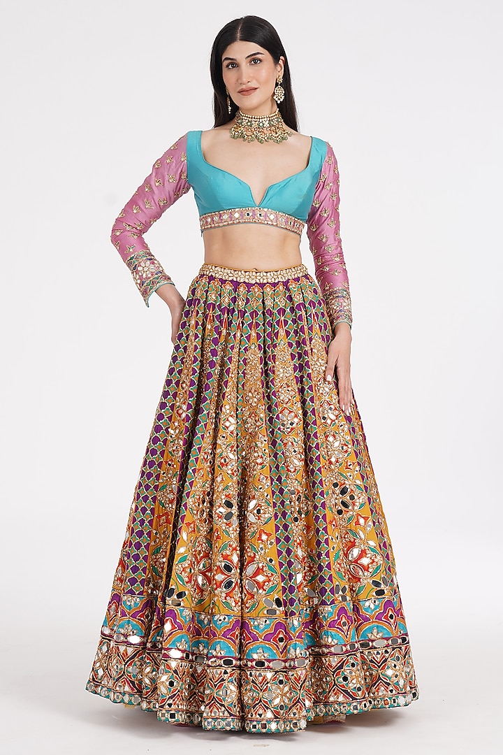 Tangerine Chanderi Mirror & Zari Embroidered Bridal Lehenga Set by Abhinav Mishra at Pernia's Pop Up Shop