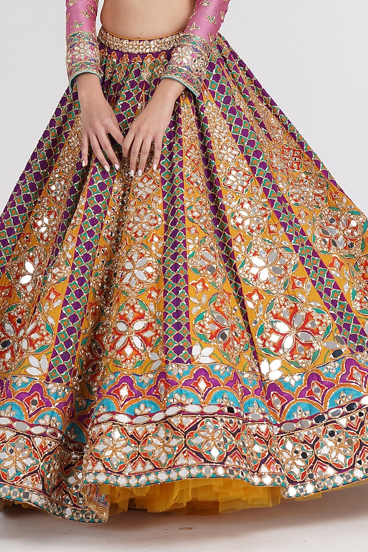 Tangerine Chanderi Mirror & Zari Embroidered Bridal Lehenga Set by Abhinav Mishra at Pernia's Pop Up Shop